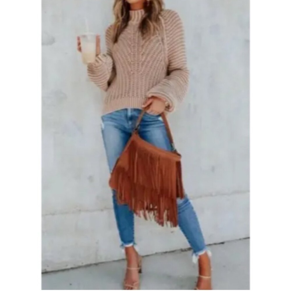 Free People Sweetheart Sweater Chunky Rib Knit Mock Neck Pullover Size L Tan